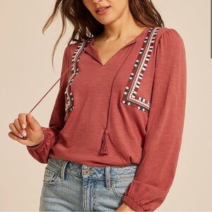 Maurice’s Embroidered Long Sleeve Tie Front Blouse
